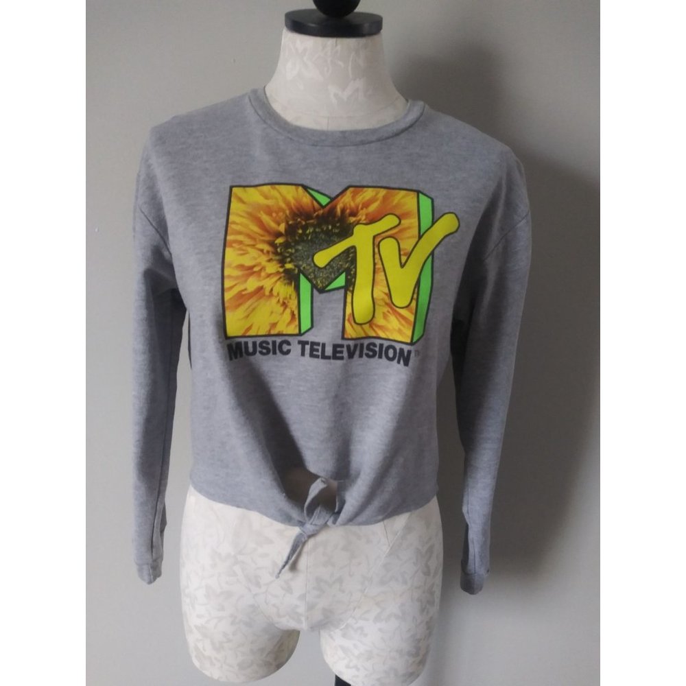 MTV Women's Gray Sunflower Tie Front Cropped L/S Graphic T-Shirt M